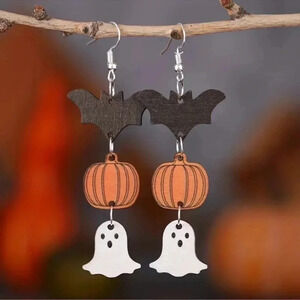 1 LEFT! Halloween Bat, Pumpkin, & Ghost Wood Dangle Earrings